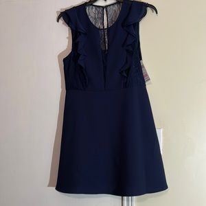 NWT BCBGeneration Ladies Vintage Navy Short Ruffle Sleeves Lace Back Midi Dress